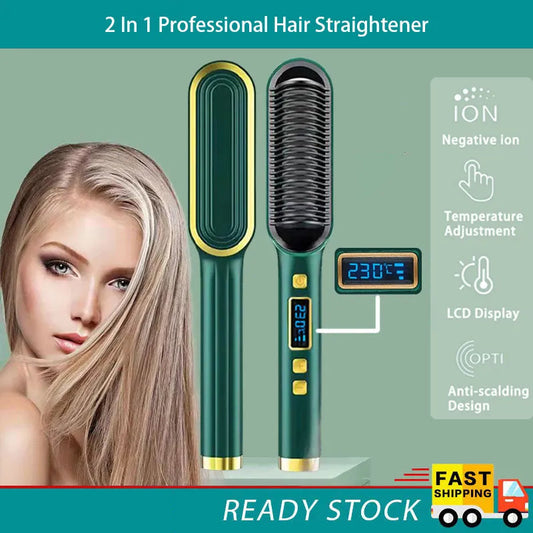 Hair Straightener Comb & Curler 2 in 1 Brush